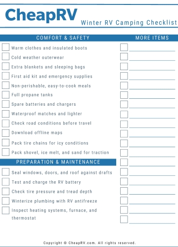 Winter RV Checklist Fillable Winter RV Checklist Fillable